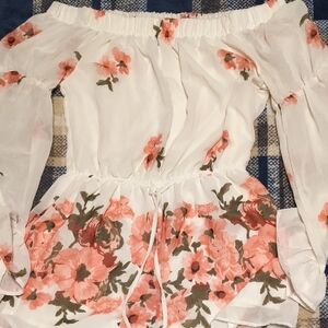 Lush Floral Off-Shoulder Romper- White and Pink